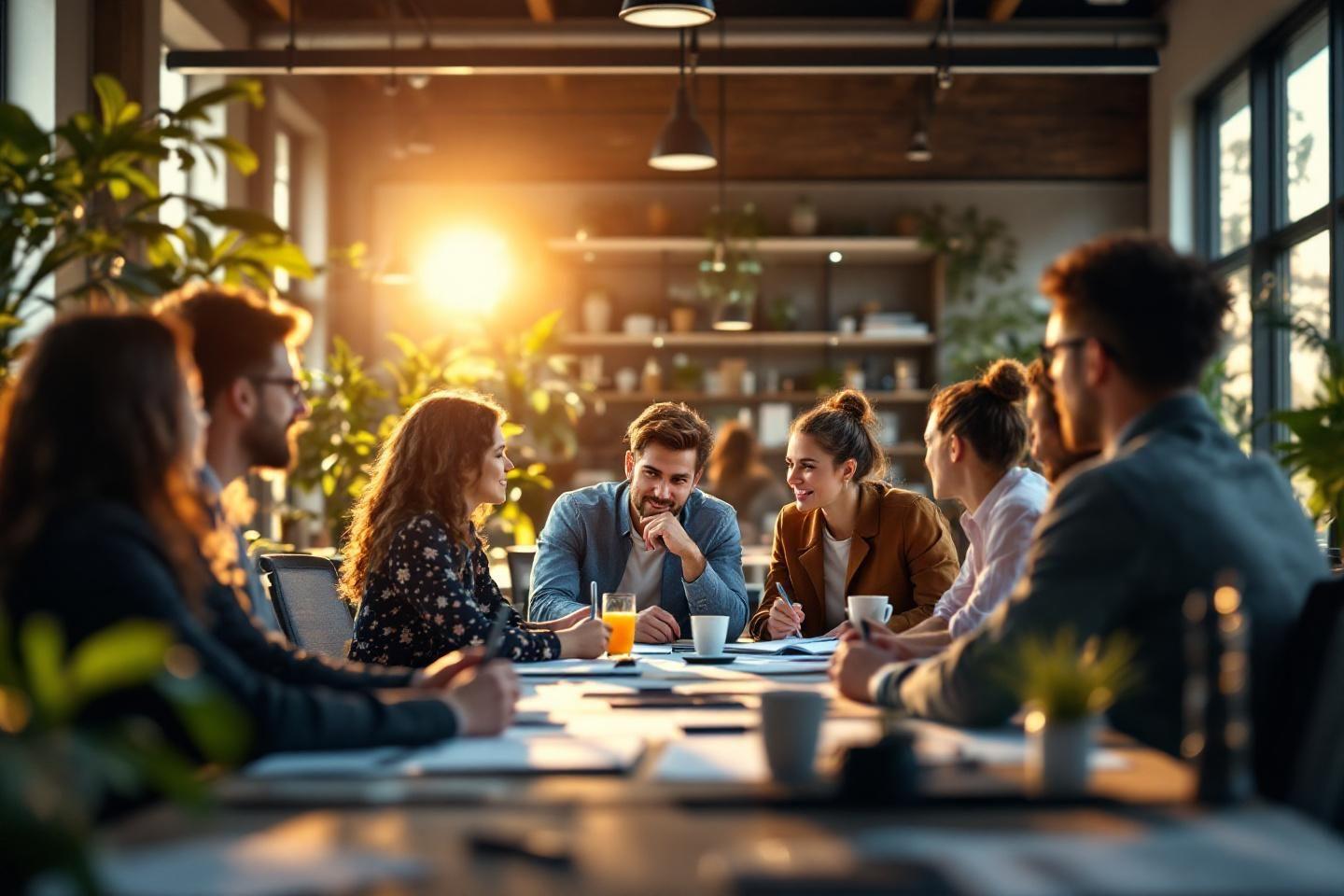 Équipe collaborative travaillant ensemble dans un environnement lumineux