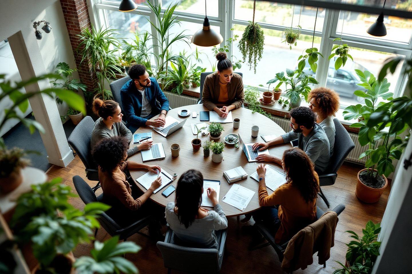 Groupe de personnes travaillant ensemble autour d'une table entourée de plantes